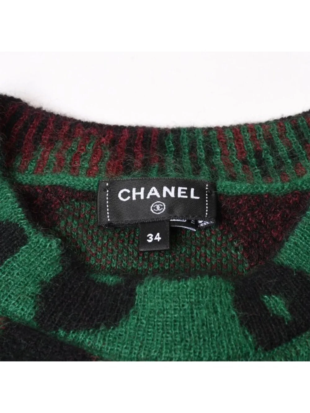 Chanel Knit Sweater CC Logo Leopard Green Cashmere Mohair Wool 4 34